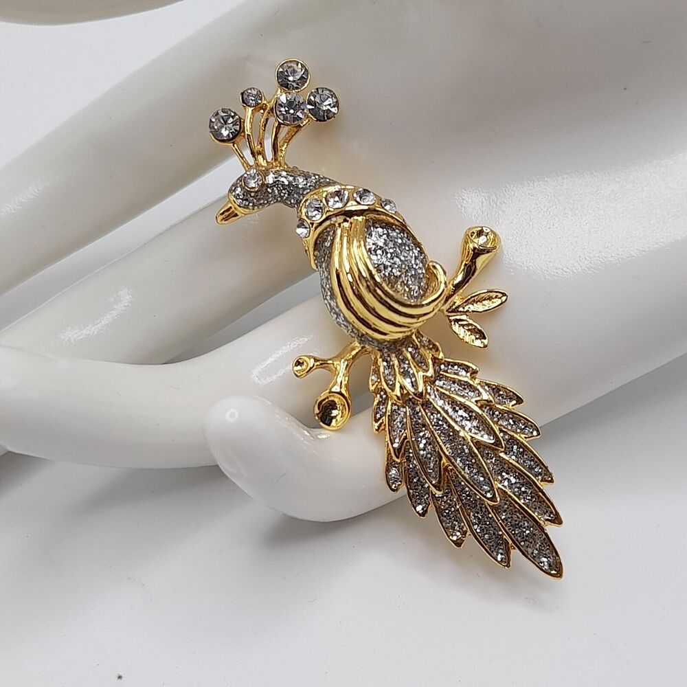 Peacock Bird of Paradise Brooch, Clear Rhinestones, 2 3/4"